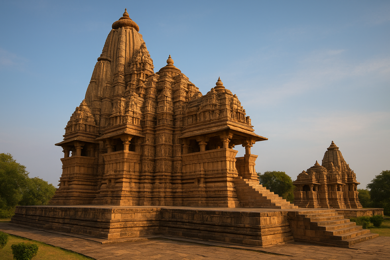Ancient Indian temple architecture showcasing intricate stone carvings and towering shikhara under golden sunlight.