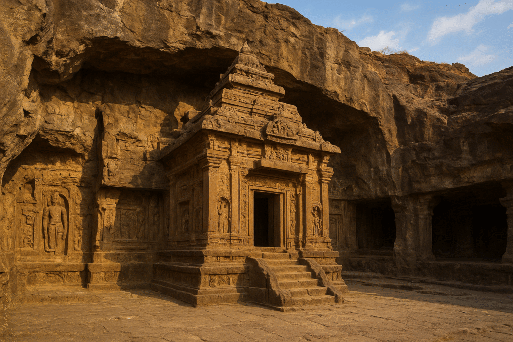 Rock-cut temple at Ellora Caves representing the early development of Indian temple architecture.