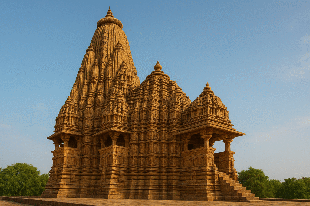 Khajuraho Temple in Madhya Pradesh displaying Nagara-style North Indian temple architecture with curvilinear shikhara