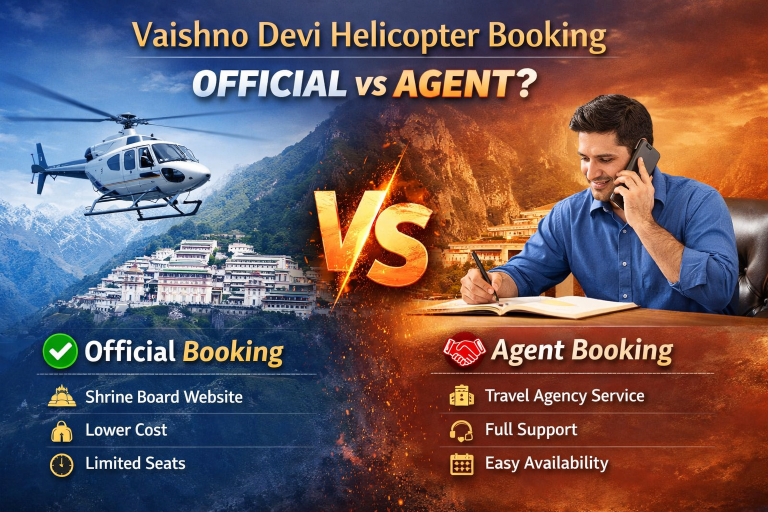 Vaishno Devi helicopter booking comparison between official Shrine Board booking and travel agent booking