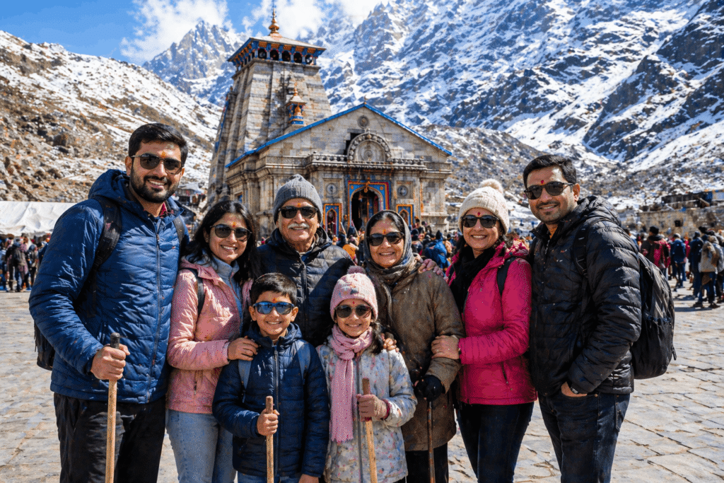family group at Kedarnath Temple during yatra with Himalaya background