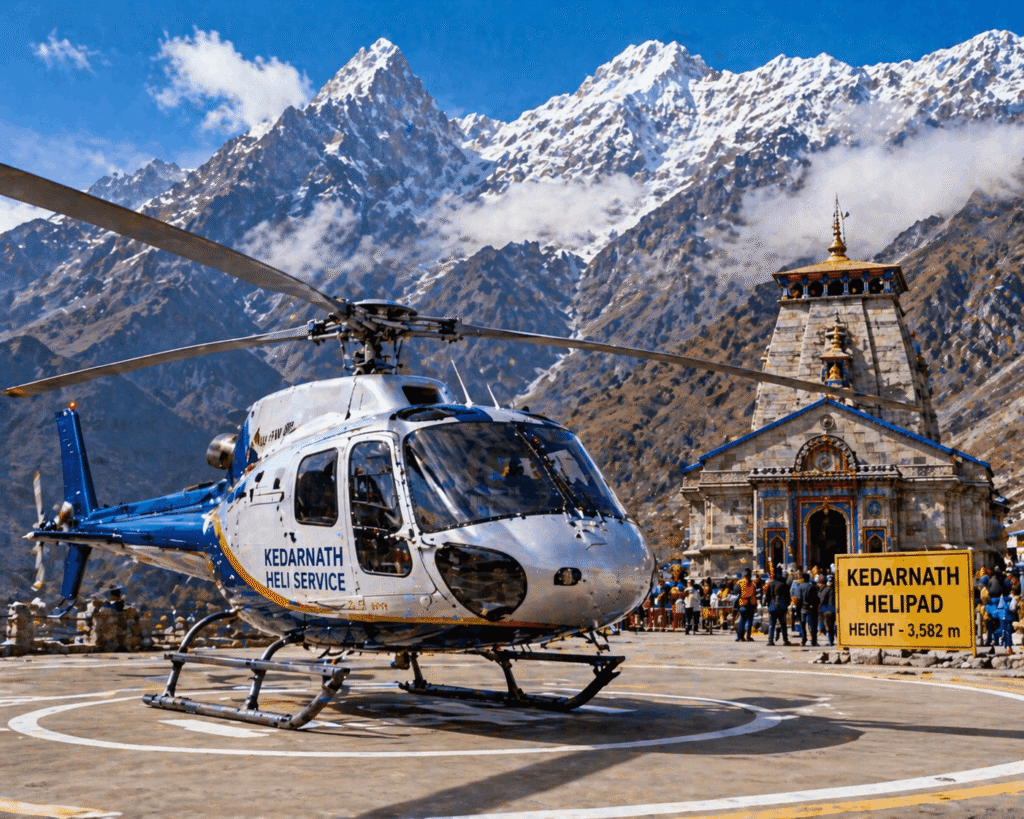 Kedarnath helicopter service landing at helipad near Kedarnath Temple for VIP darshan