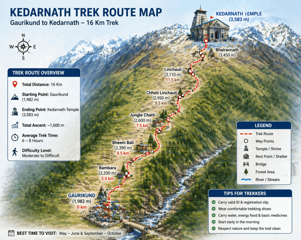 Kedarnath trek route map from Gaurikund to Kedarnath with distance and key stops